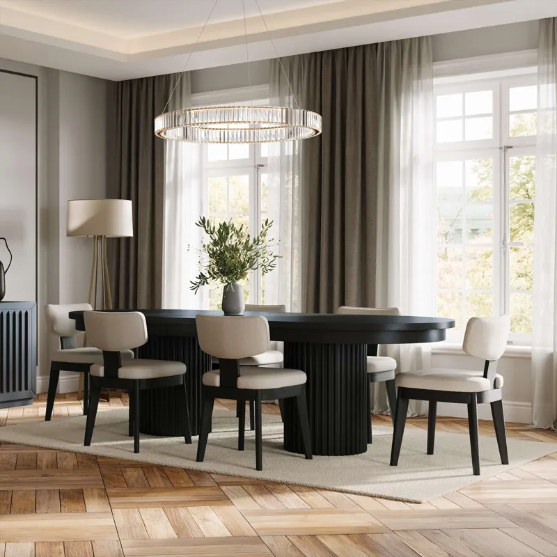 Auden 101" Seven Piece Mid-Century Modern Double Pedestal Dining Set With Upholstered Chairs