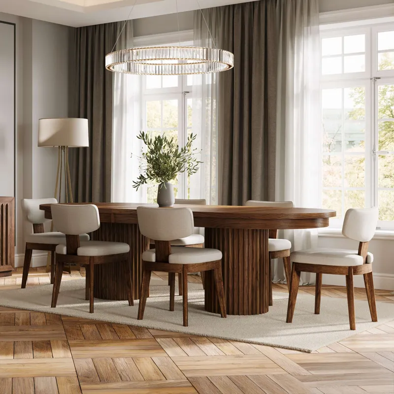 Auden 101" Seven Piece Mid-Century Modern Double Pedestal Dining Set With Upholstered Chairs