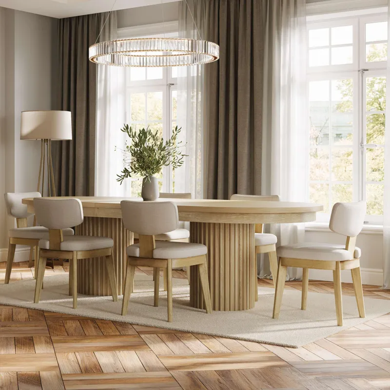 Auden 101" Seven Piece Mid-Century Modern Double Pedestal Dining Set With Upholstered Chairs