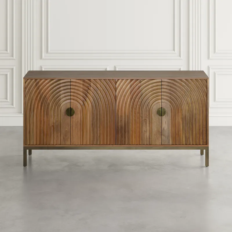 Asher 69\" Solid Wood Mid-Century Modern Curved Arch Sideboard Cabinet