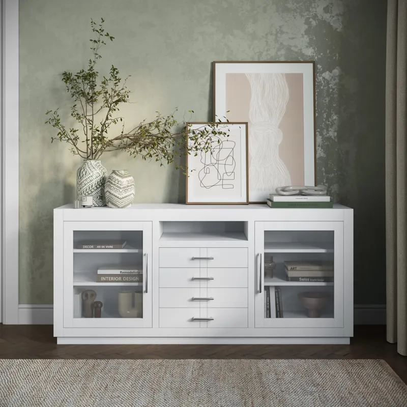 Auburn Hills 70\" Contemporary Media Console With Tempered Glass Doors, Drawers And Adjustable Shelv