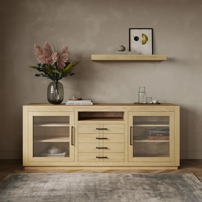 Auburn Hills 70\" Contemporary Media Console With Tempered Glass Doors, Drawers And Adjustable Shelv