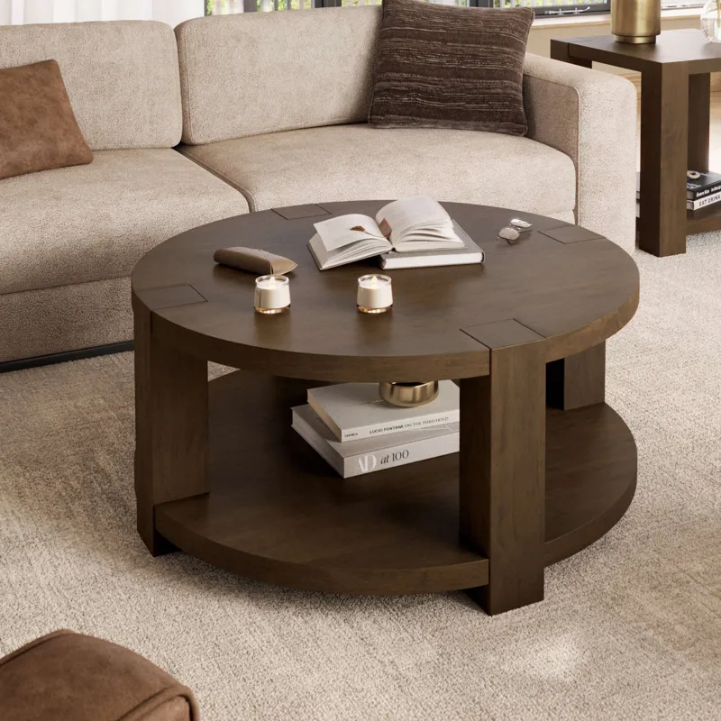 Brownstone 40\" Round Transitional Modern Block-Frame Coffee Table With Wheels