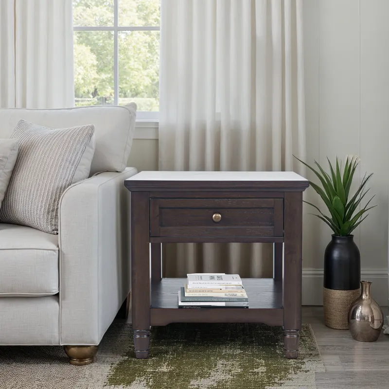 Brentwood Modern Transitional 24\" Square End Table With Drawer And Storage Shelf