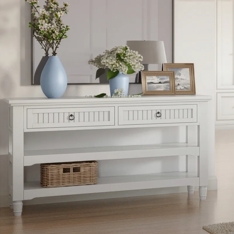 Westport Modern Farmhouse 50\" Sofa Console Table With Storage Drawers And Shelves