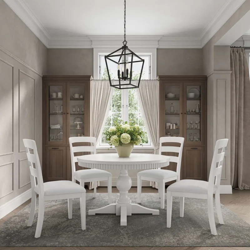 Westport Five Piece Modern Farmhouse 66" Pedestal Dining Set With Upholstered Ladderback Chairs