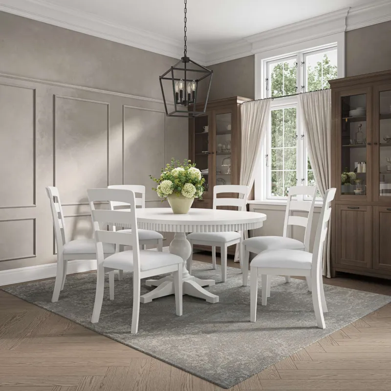 Westport Seven Piece Modern Farmhouse 66" Pedestal Dining Set With Upholstered Ladderback Chairs