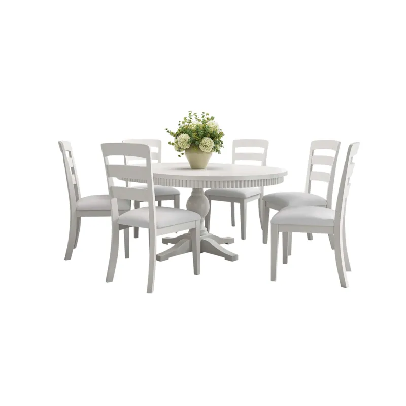 Westport Seven Piece Modern Farmhouse 66" Pedestal Dining Set With Upholstered Ladderback Chairs