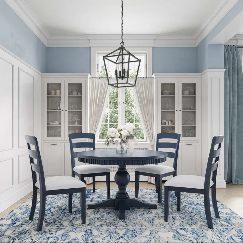 Westport Five Piece Modern Farmhouse 66" Pedestal Dining Set With Upholstered Ladderback Chairs
