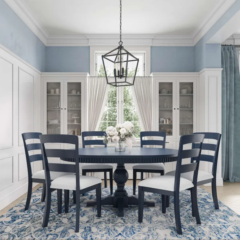 Westport Seven Piece Modern Farmhouse 66" Pedestal Dining Set With Upholstered Ladderback Chairs