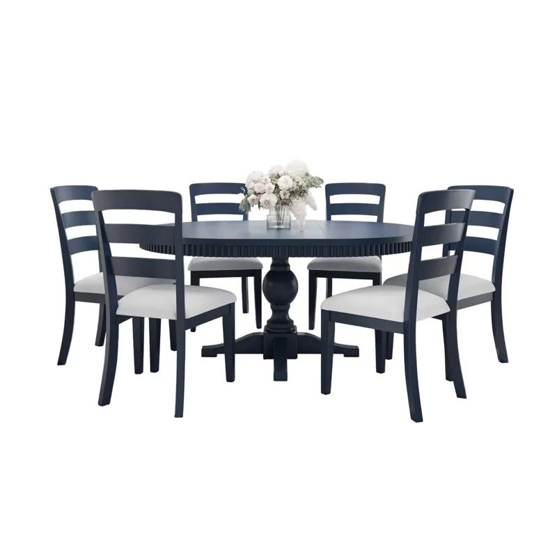 Westport Seven Piece Modern Farmhouse 66" Pedestal Dining Set With Upholstered Ladderback Chairs
