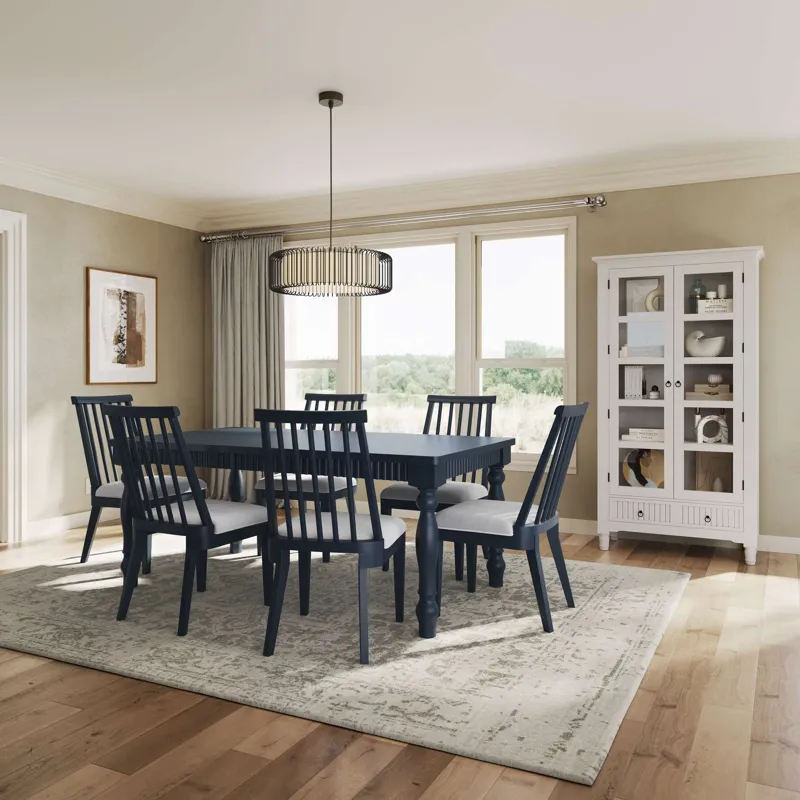 Westport Seven Piece Modern Farmhouse 72" Dining Set With Upholstered Dowel Back Chairs