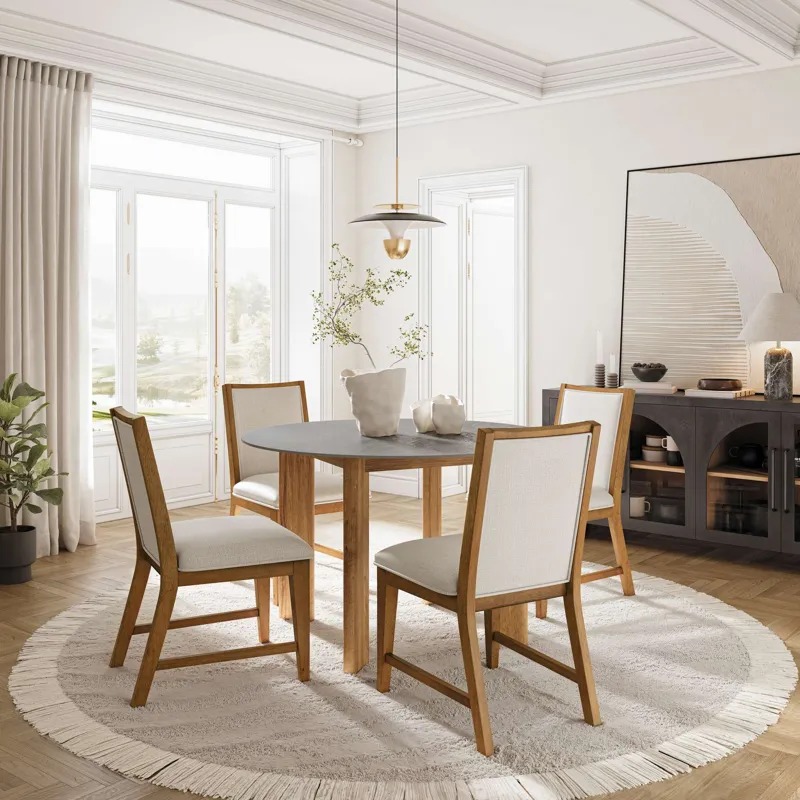 Sierrafina 5-Piece Modern Rustic 47-Inch Round Sintered Stone Dining Set With Upholstered Chairs
