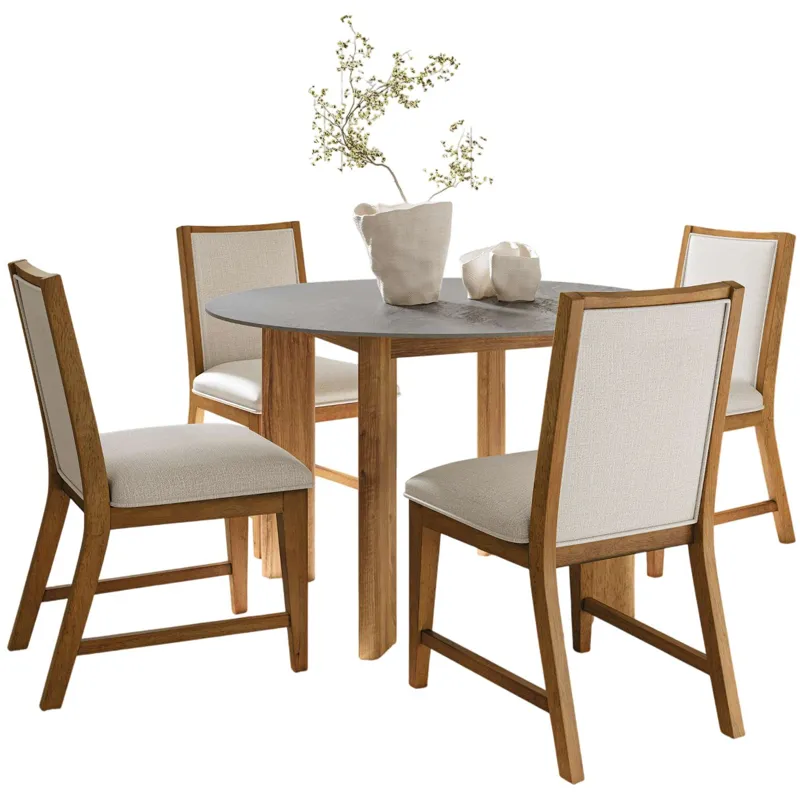 Sierrafina 5-Piece Modern Rustic 47-Inch Round Sintered Stone Dining Set With Upholstered Chairs