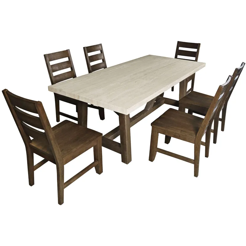 Sierrafina 7-Piece Modern Rustic 87-Inch Trestle Sintered Stone Dining Set With Rung-Back Chairs