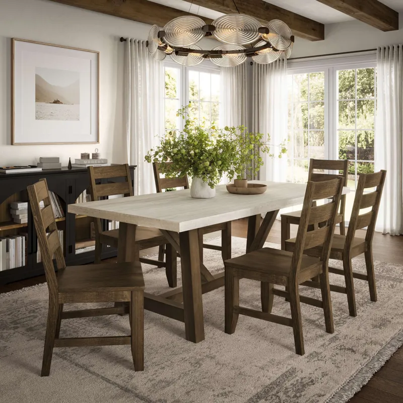 Sierrafina 7-Piece Modern Rustic 87-Inch Trestle Sintered Stone Dining Set With Rung-Back Chairs