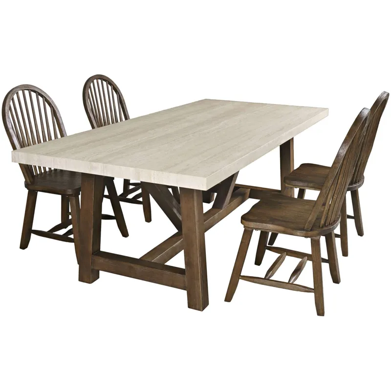 Sierrafina 5-Piece Modern Rustic 87-Inch Trestle Sintered Stone Dining Set With Hoop-Back Chairs