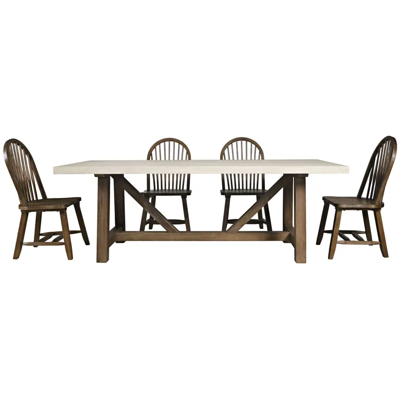 Sierrafina 5-Piece Modern Rustic 87-Inch Trestle Sintered Stone Dining Set With Hoop-Back Chairs