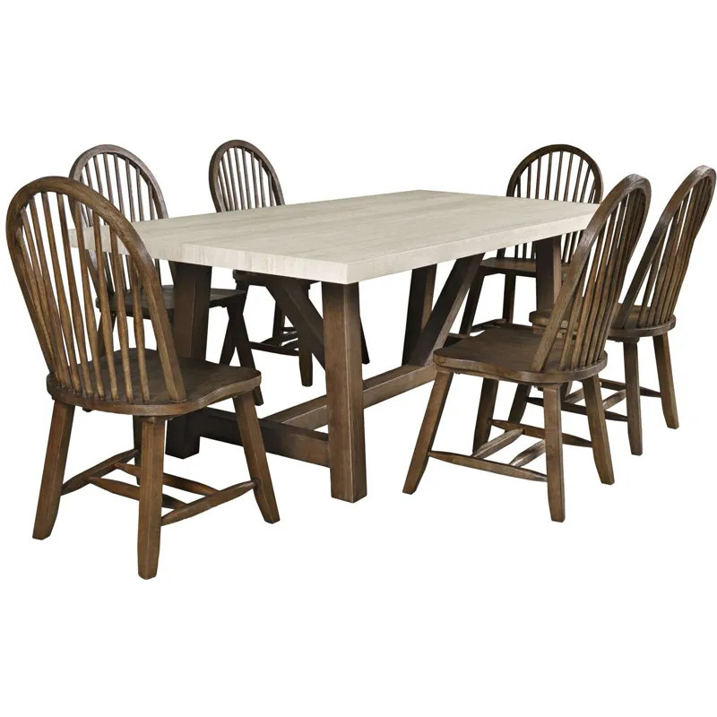 Sierrafina 7-Piece Modern Rustic 87-Inch Trestle Sintered Stone Dining Set With Hoop-Back Chairs