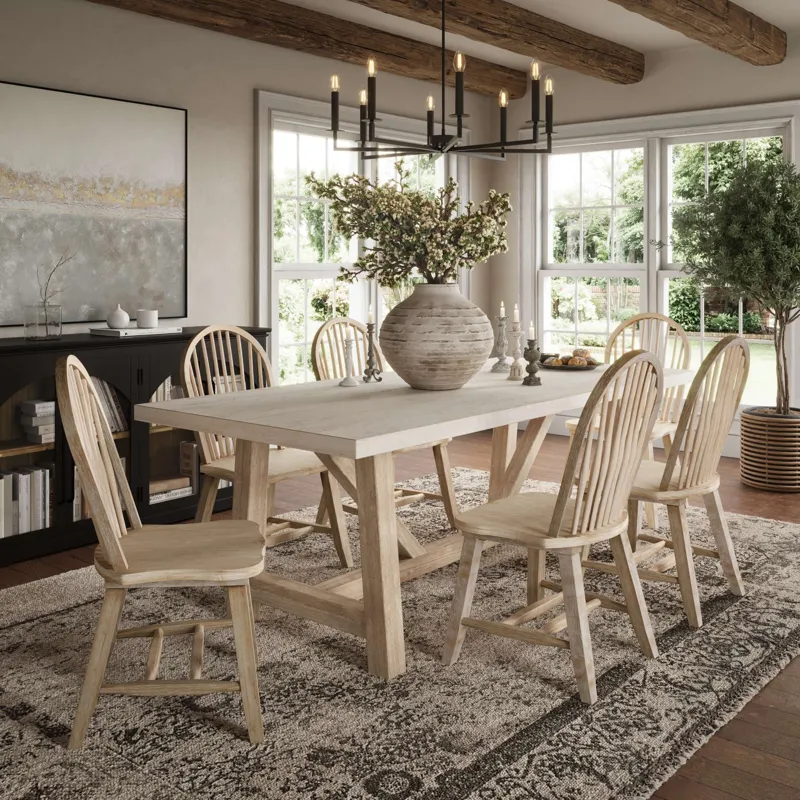 Sierrafina 7-Piece Modern Rustic 87-Inch Trestle Sintered Stone Dining Set With Hoop-Back Chairs