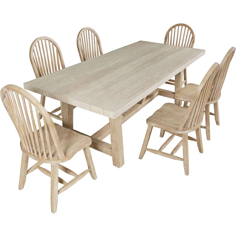 Sierrafina 7-Piece Modern Rustic 87-Inch Trestle Sintered Stone Dining Set With Hoop-Back Chairs