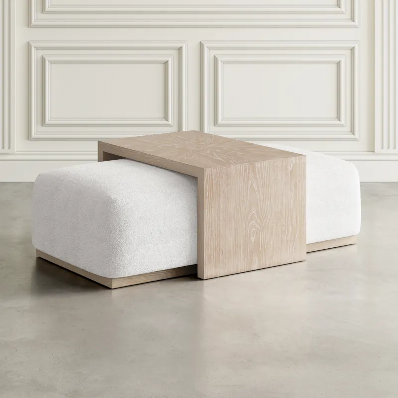 Hudson 48\" Modern Luxury Ivory Boucle Upholstered Sliding Ottoman With Caster Wheels And Coffee Tab