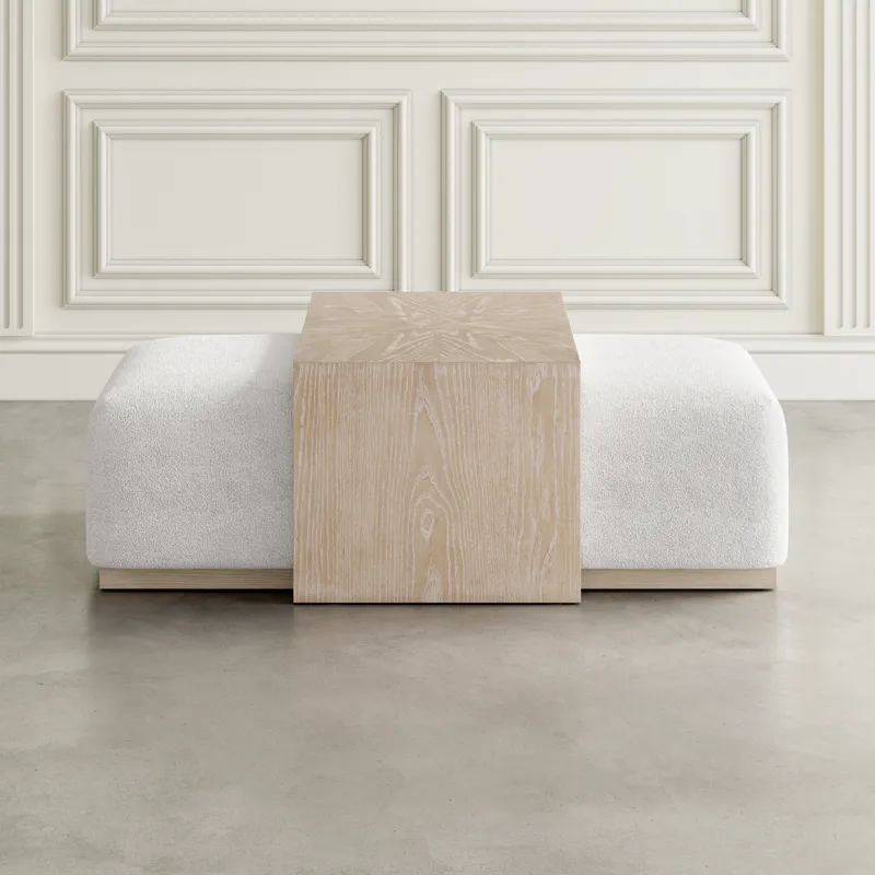 Hudson 48\" Modern Luxury Ivory Boucle Upholstered Sliding Ottoman With Caster Wheels And Coffee Tab