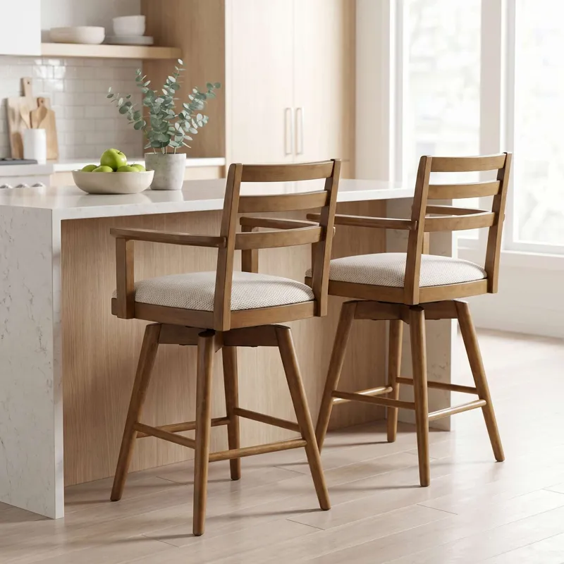Axis Mid-Century Modern Upholstered Ladderback Swivel Barstools Set Of 2
