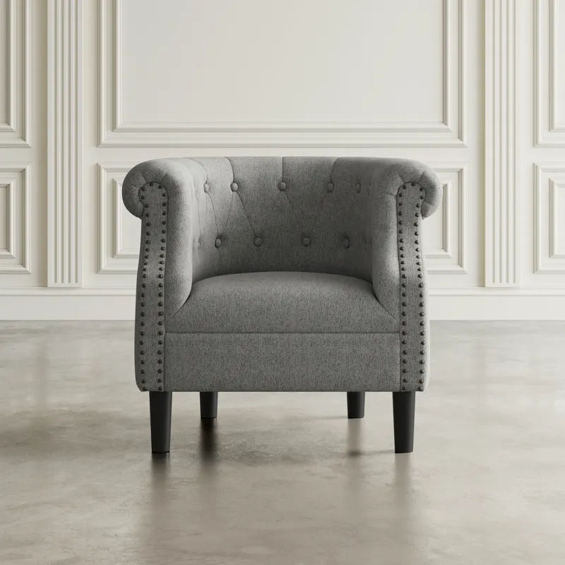 Lily Transitional Contemporary Upholstered Barrel Curved Back Accent Chair With Nailhead Trim