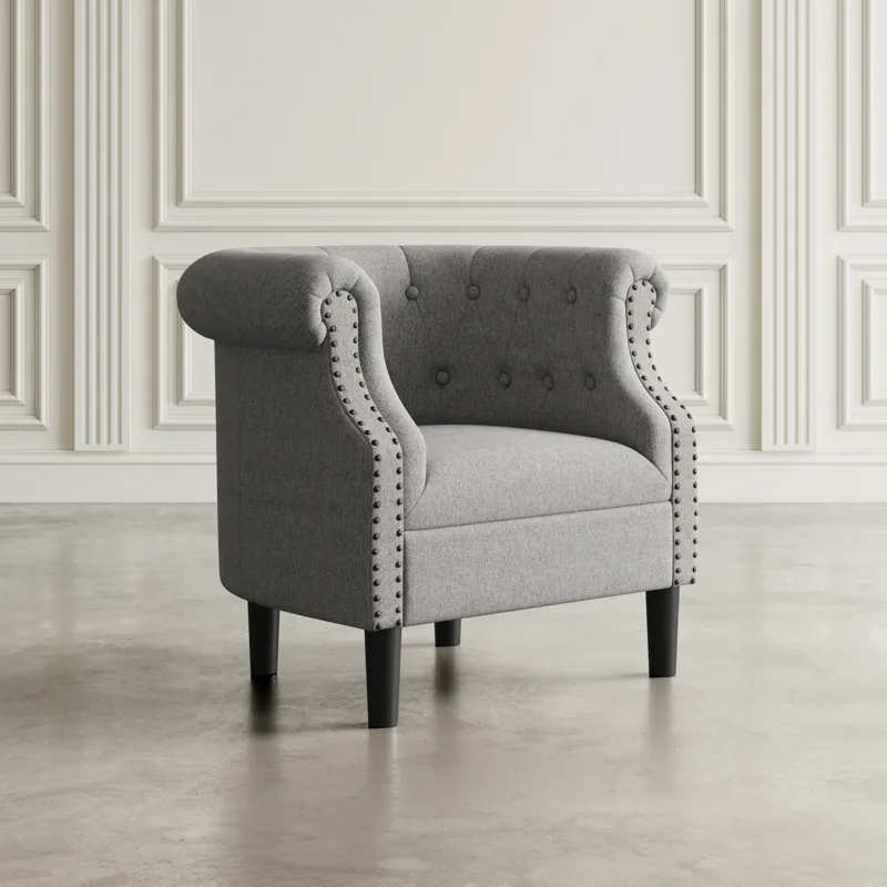 Lily Transitional Contemporary Upholstered Barrel Curved Back Accent Chair With Nailhead Trim