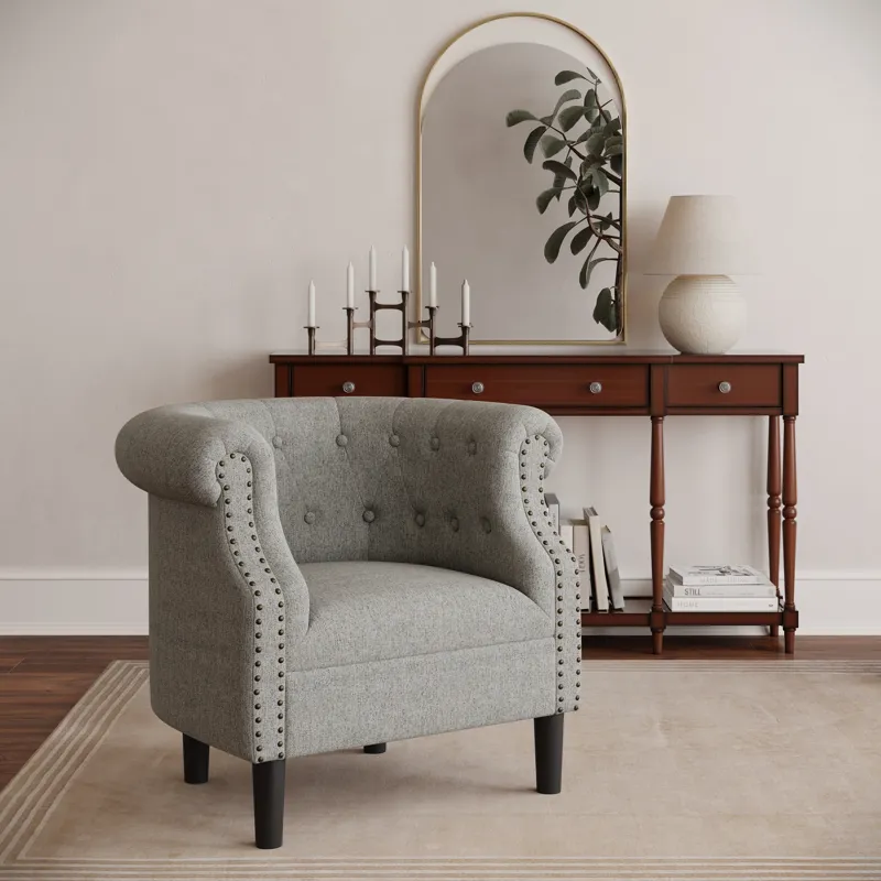 Lily Transitional Contemporary Upholstered Barrel Curved Back Accent Chair With Nailhead Trim
