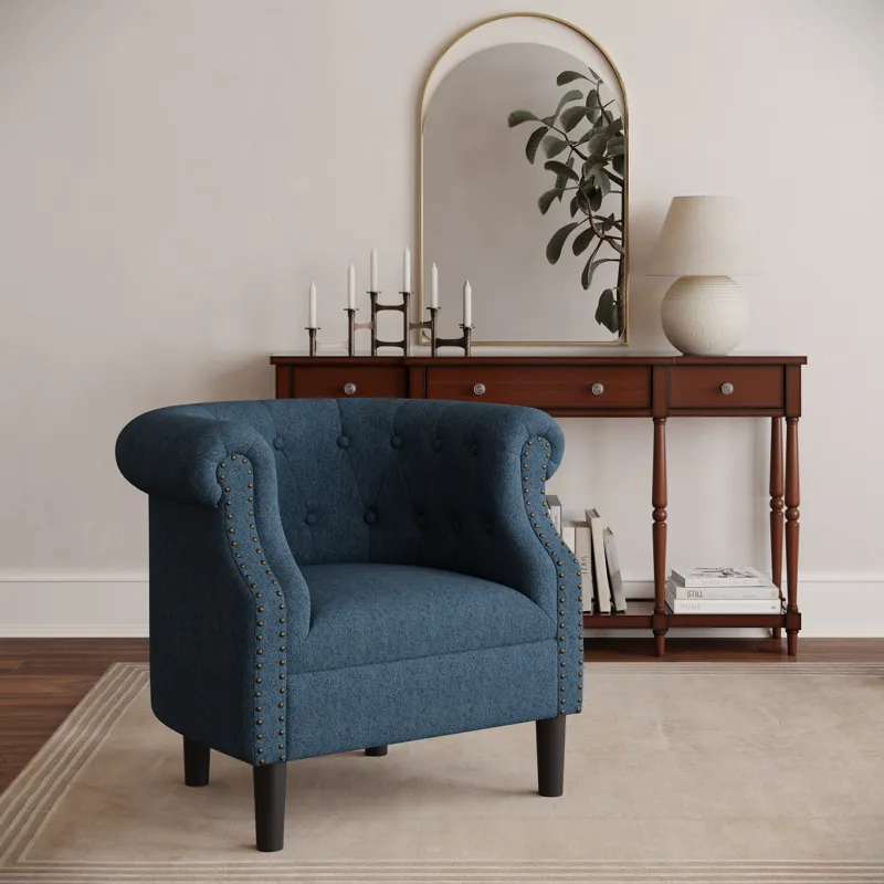 Lily Transitional Contemporary Upholstered Barrel Curved Back Accent Chair With Nailhead Trim