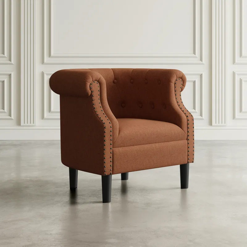 Lily Transitional Contemporary Upholstered Barrel Curved Back Accent Chair With Nailhead Trim