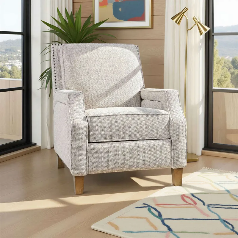 York Modern Transitional Linen Upholstered Recliner Accent Chair With Nailhead Trim