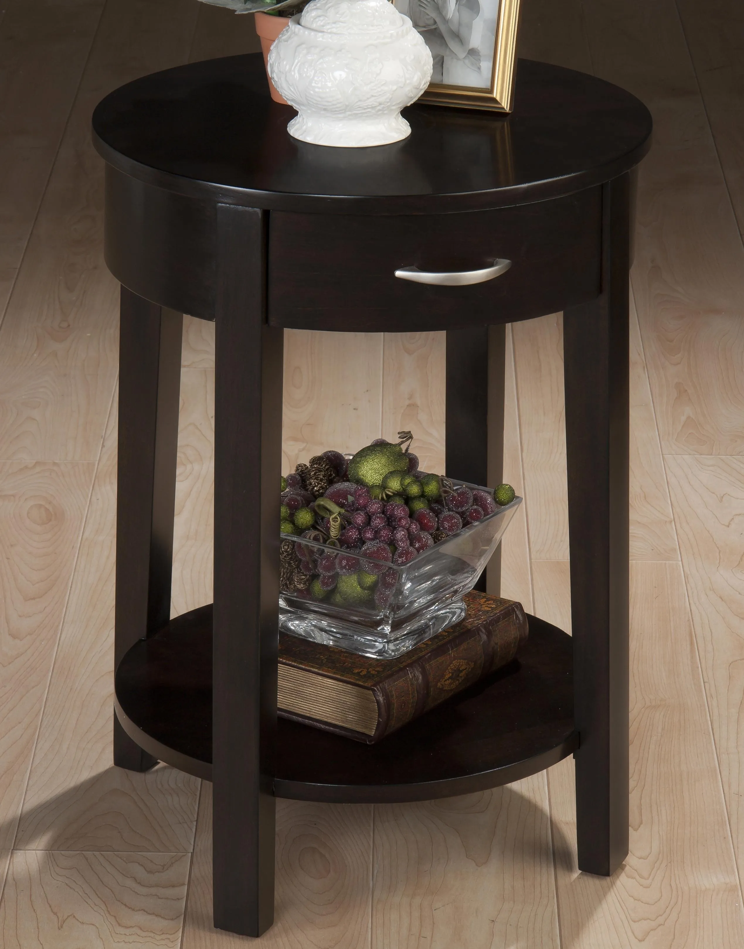 Dark Merlot Contemporary Round Chairside Table with Drawer and Shelf