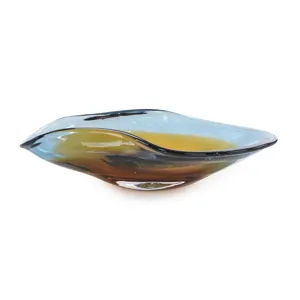 Handblown Dark Blue and Amber Curved Bowl