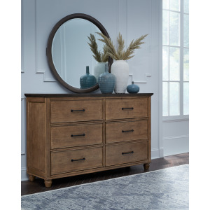 Vista Bedroom - Vista 6 Drawer Dresser and Vista Round Mirror in Hickory and Coal