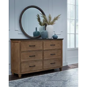 Vista Bedroom - Vista 6 Drawer Dresser and Vista Round Mirror in Hickory and Coal