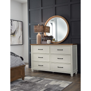 Vista Bedroom - Vista 6 Drawer Dresser and Vista Round Mirror in Hickory and Shell