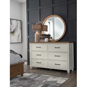 Vista Bedroom - Vista 6 Drawer Dresser and Vista Round Mirror in Hickory and Shell