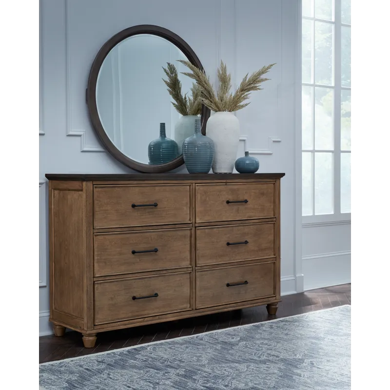 Vista Bedroom - Vista 6 Drawer Dresser and Vista Round Mirror in Hickory and Coal