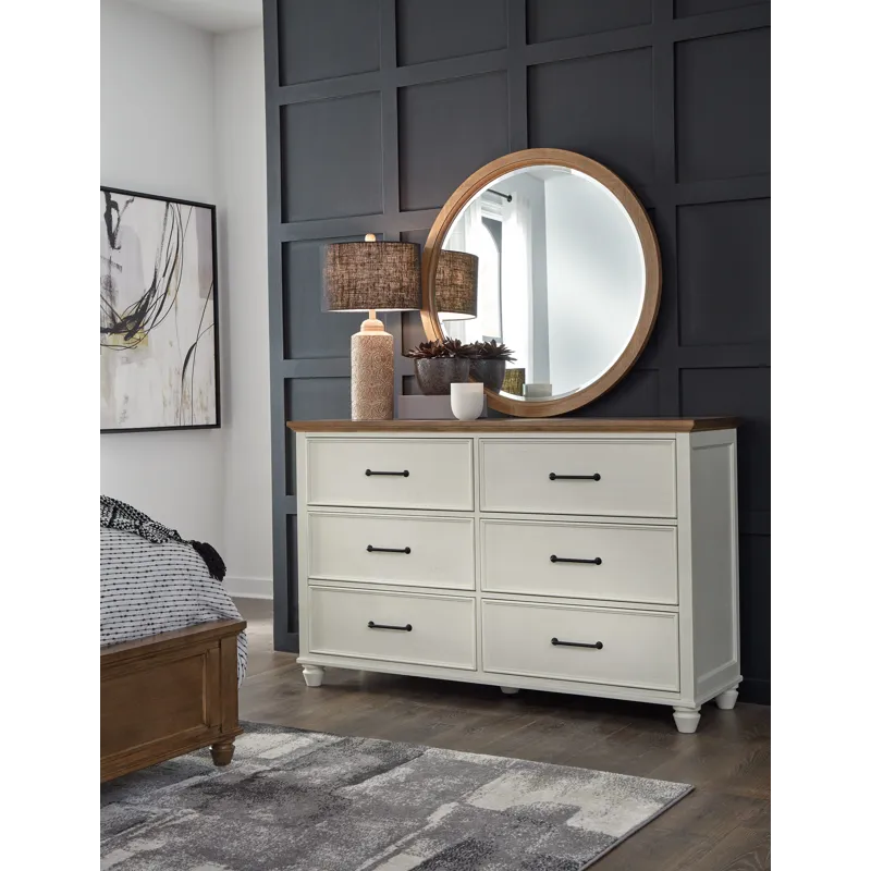 Vista Bedroom - Vista 6 Drawer Dresser and Vista Round Mirror in Hickory and Shell