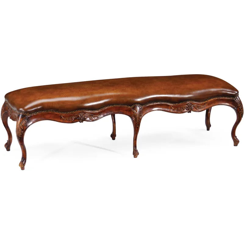 Long French Provincial Walnut Footstool Leather