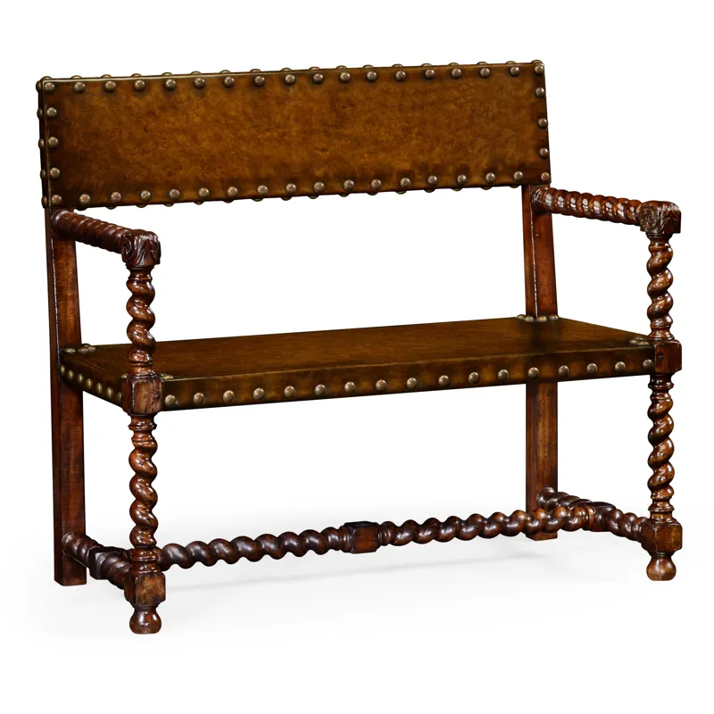 Tudor Style Leather Bench Walnut