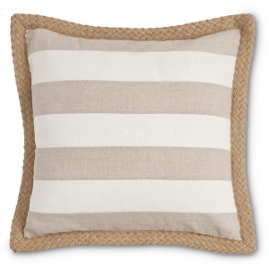 20" Linen Cream and Tan Striped Pillow w/Jute Braid Piping
