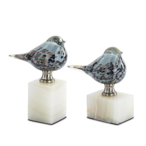 Blue Glass Birds on White Square Marble Bases - Set of 2