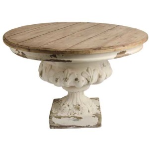 21 Inch Distressed White Resin Urn with Round Natural Wood Tabletop