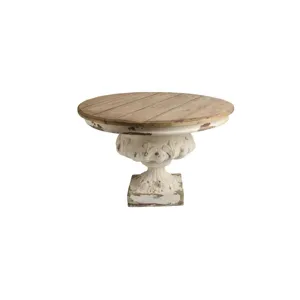 21 Inch Distressed White Resin Urn with Round Natural Wood Tabletop