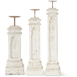 Set of 3 White Washed Architectural Candleholders with Square Base