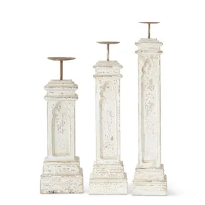 Set of 3 White Washed Architectural Candleholders with Square Base